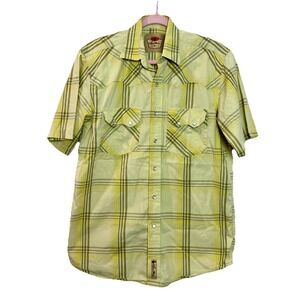 Larry Mahan Shirt Mens Large Yellow Plaid Western Pearl Snap Cowboy Short Sleeve